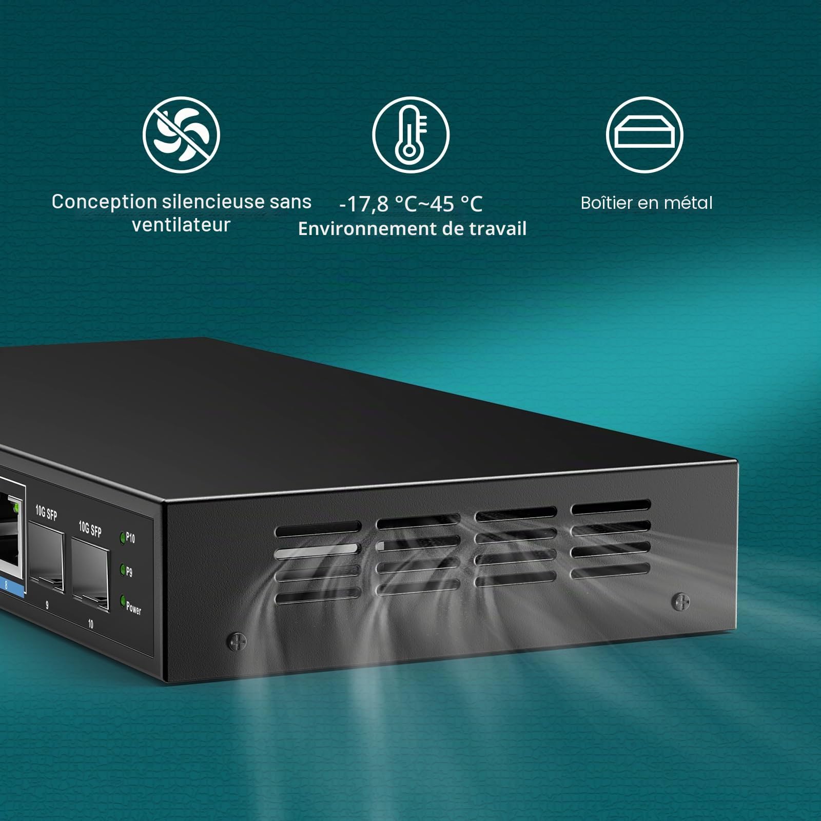 Switch Réseau Non Géré 10 Ports 2,5G, 8 Ports Ethernet 2,5Gbase-T, 2 Ports 10G SFP+, Capacité de Commutation de 80Gbps, Boîtier Métallique, Fonctionne pour NAS 2,5Gbps, Point d'Accès sans Fil et PC