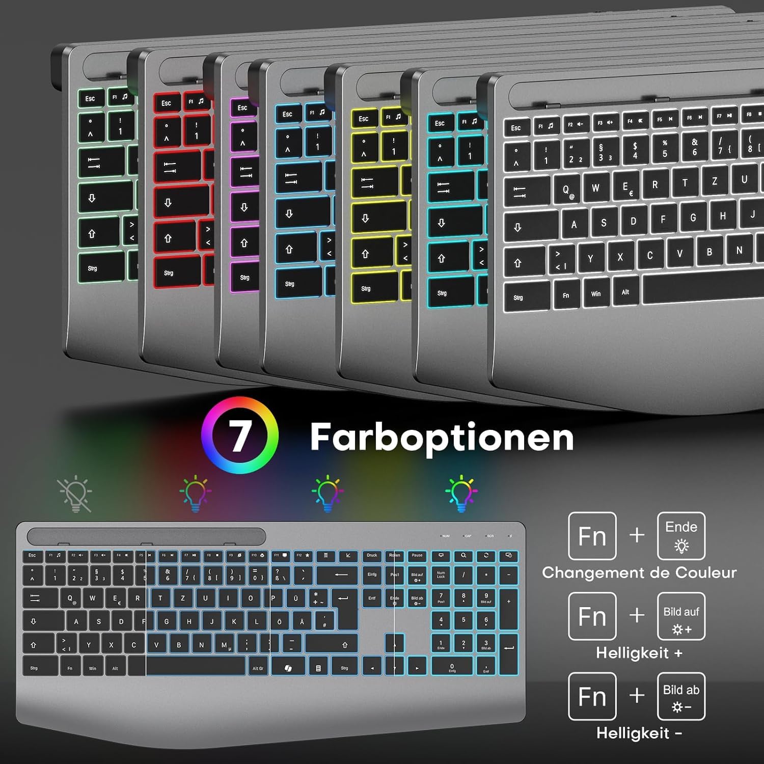 Tastatur Maus Set Kabellos 2,4GHz QWERTZ, OMOTON Beleuchtete Tastatur Leise | Handballenauflage, Ein USB Empfänger für beide Geräte, 4 DPI Maus, Wiederaufladbar, Ergonomische, Windows Linux, Home Office
