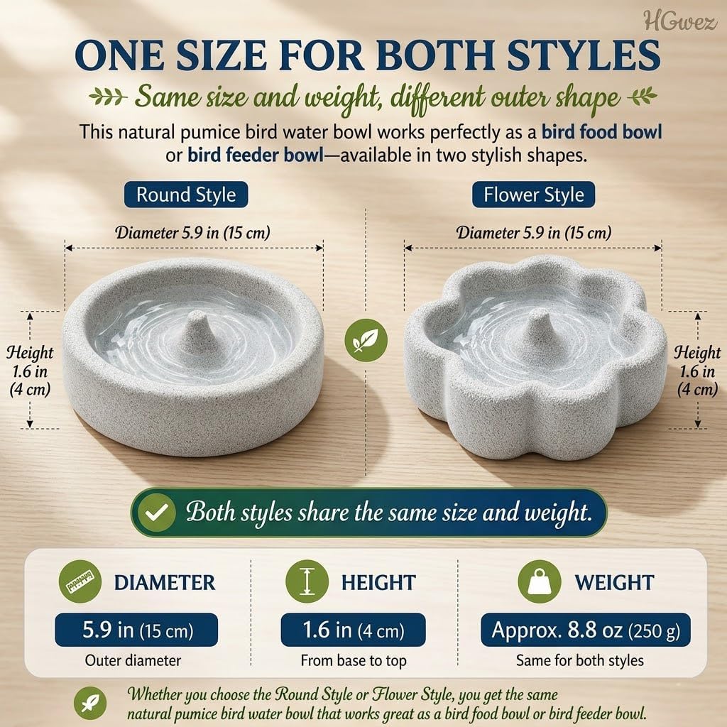 Natural Pumice Bird Food Bowl, Parrot Cage Feeding Dish Water Dispenser | Anti-tip heavy base preventing messy spills, Textured stone gently grooming beaks & claws, Fits Cockatiels & Conures