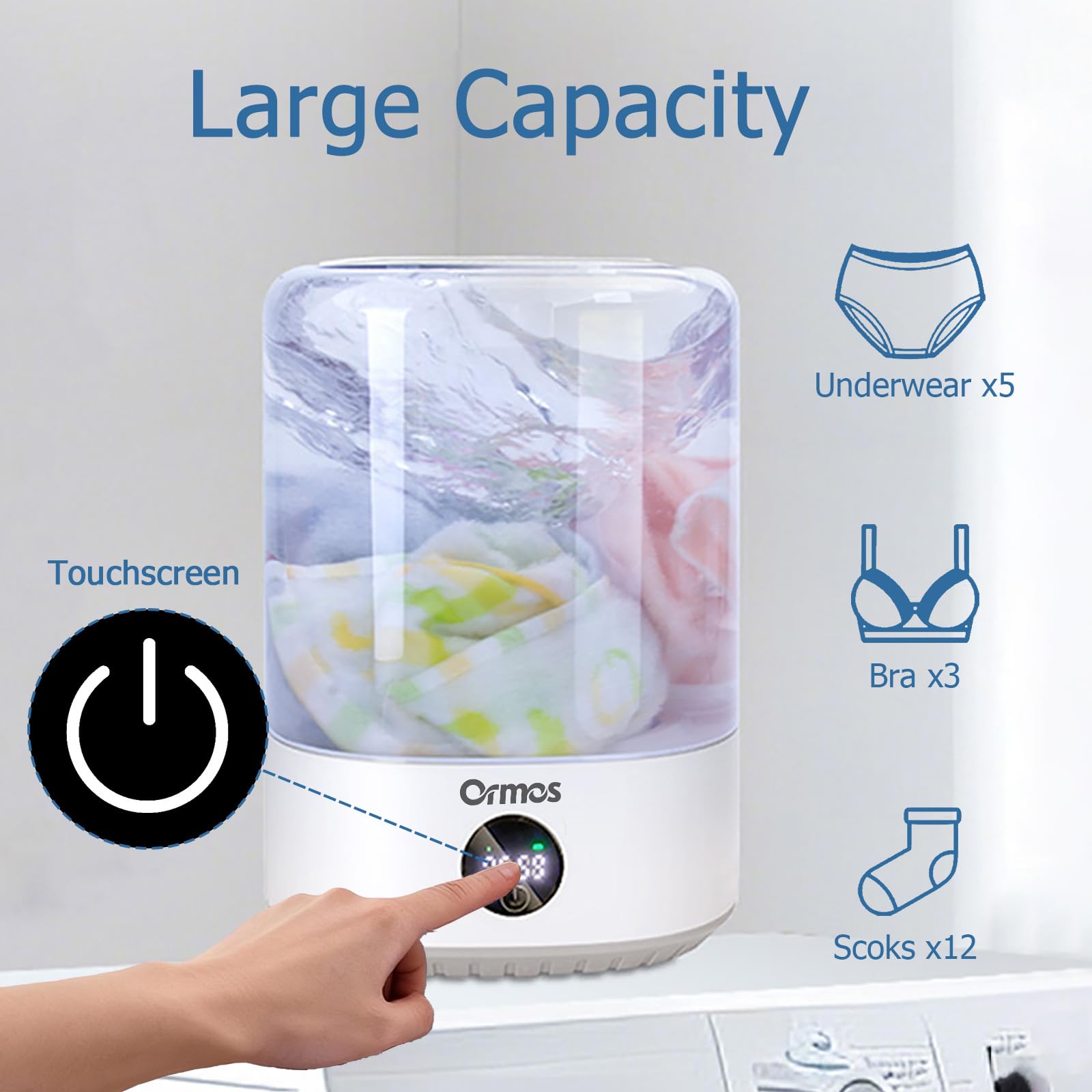 ORMOS - Mini lavadora inalámbrica recargable USB portátil, 3 L para delicados, calcetines y ropa interior, diseño silencioso, compacto para recámara, viajes y espacios pequeños