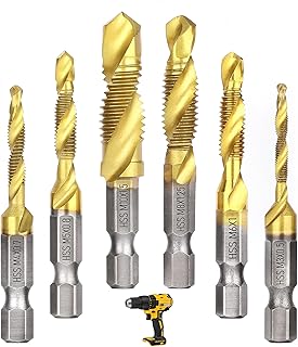 6 Pcs Drill Tap Set | Titanium Plated Combination Taps Drill Bit Set | M3 M4 M5 M6 M8 M10 Hex Shank HSS Screw Thread | Metric Compound Tap Drill Bits|Soft Metal Drilling Deburring & Countersinking