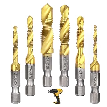 6 Pcs Drill Tap Set | Titanium Plated Combination Taps Drill Bit Set | M3 M4 M5 M6 M8 M10 Hex Shank HSS Screw Thread | Metric Compound Tap Drill Bits|Soft Metal Drilling Deburring & Countersinking