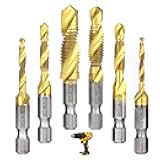6 Pcs Drill Tap Set | Titanium Plated Combination Taps Drill Bit Set | M3 M4 M5 M6 M8 M10 Hex Shank HSS Screw Thread | Metric Compound Tap Drill Bits|Soft Metal Drilling Deburring & Countersinking