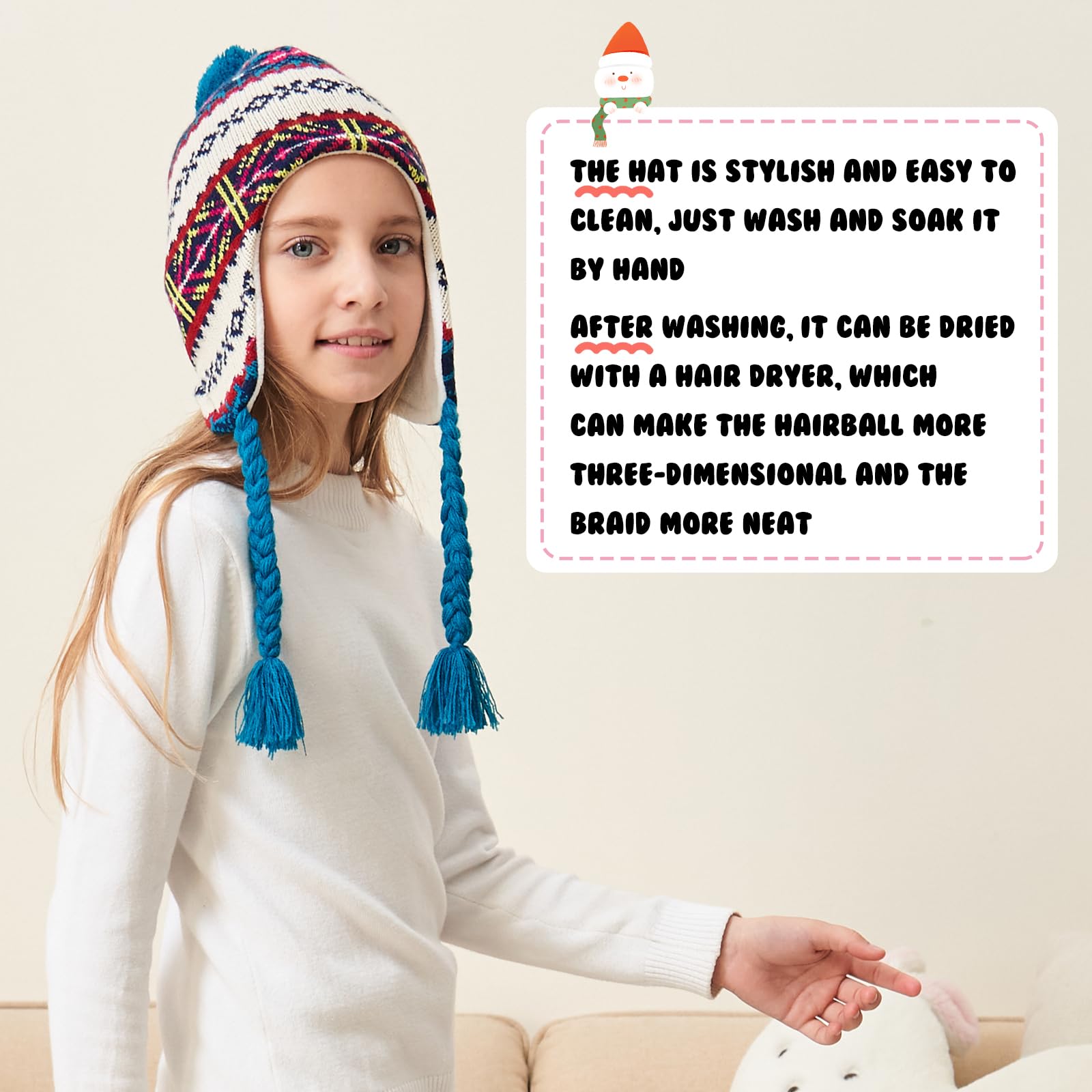 Gorro peruano de invierno con solapa para las orejas, forro polar, gorro de punto con pompón para niñas de 3 a 10 años
