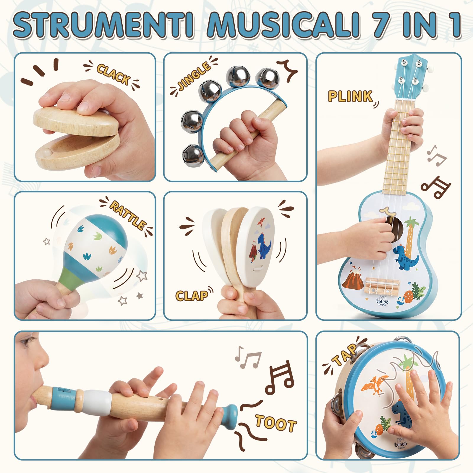 Lehoo Castle Chitarra per Bambini, 7 Strumenti Musicali Montessori Giochi, con ukulele, Tamburello, Flauto, Maracas, Giocattoli in Legno, Giocattoli Didattici, Regalo per bambini di 1, 2, 3 anni