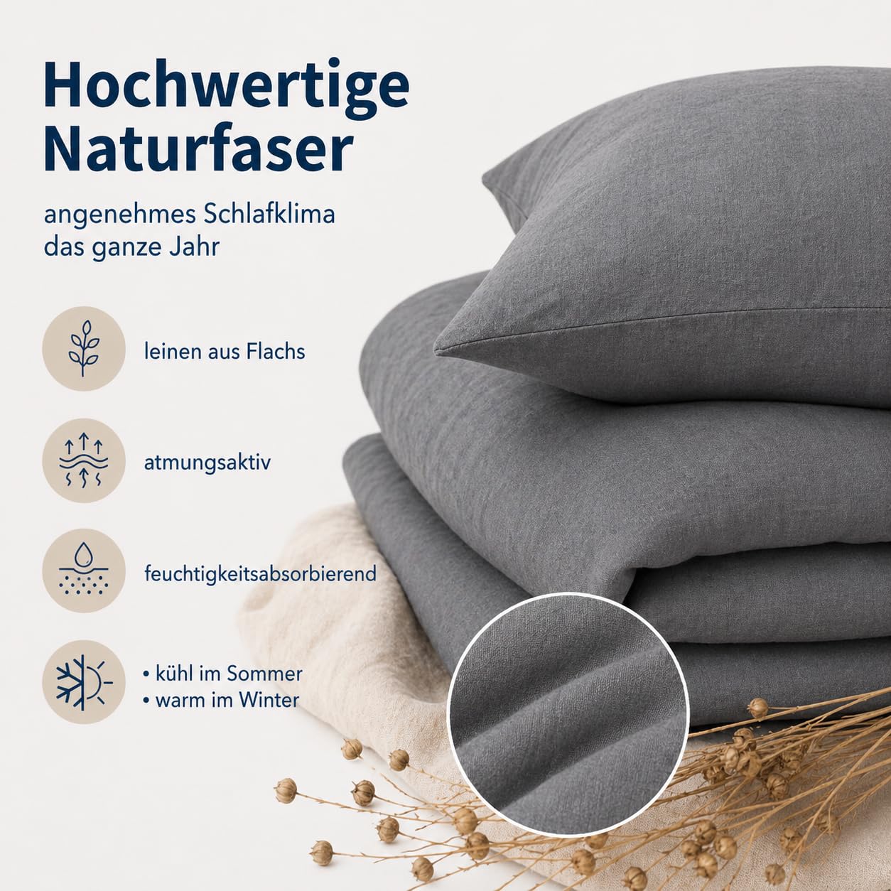 BLUE MOON Ropa de cama de lino de 140 x 200 cm, certificado Öko-Tex, 2 piezas, 1 funda nórdica de 140 x 200 cm y 1 funda de almohada de 70 x 90 cm, ropa de cama de lujo 100 % lino, fabricada en la UE,