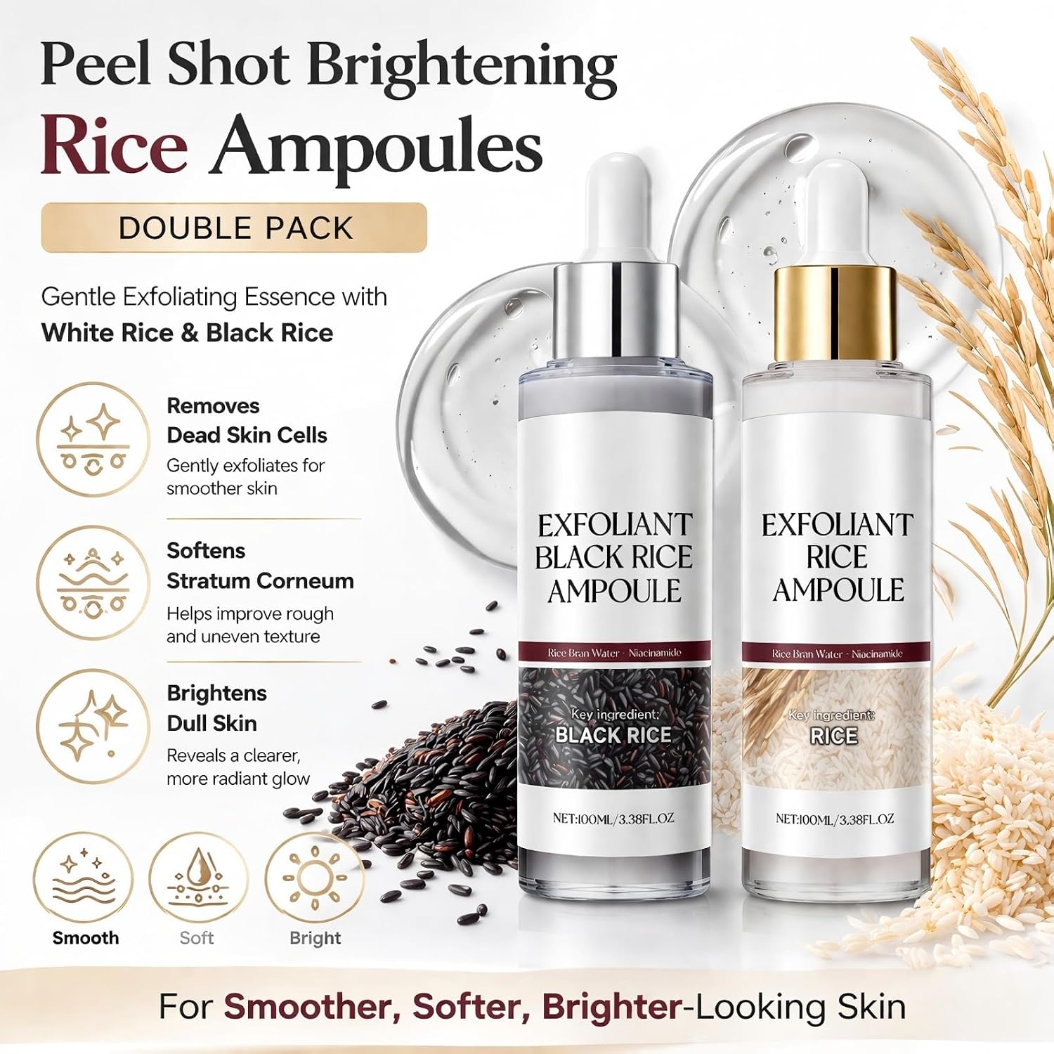 Peel Shot Glow Rice Ampoule Duo，This smooth, brightening rice exfoliating essence effectively removes dead skin cells and softens the stratum corneum (made with white and black rice).