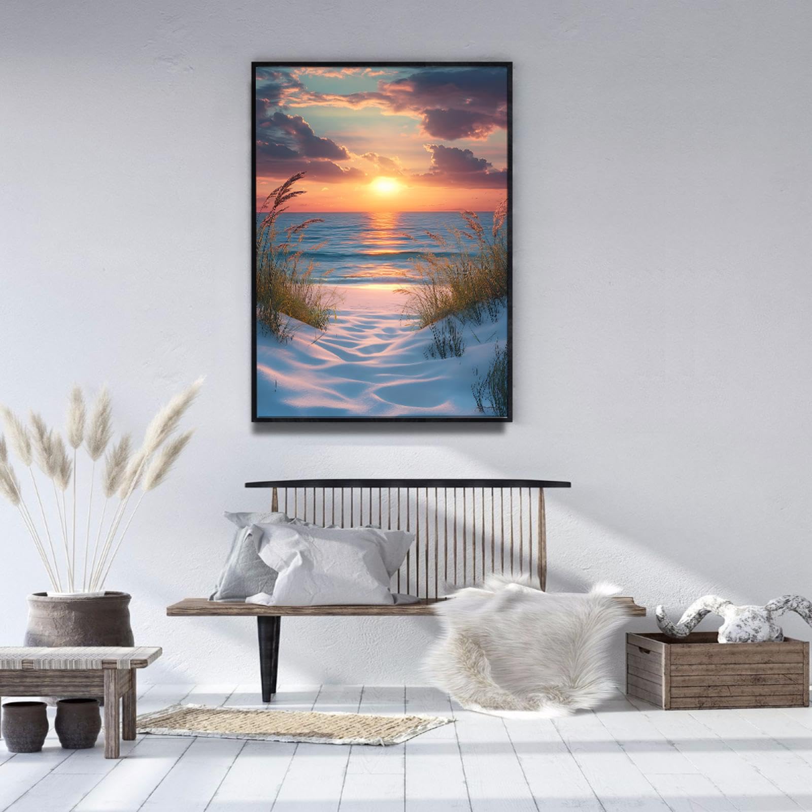 Via Vela Strand Sonnenuntergang Leinwand Wandkunst Küste Weg Bilder Kunstwerk Drucke Entspannen Meer Poster Malerei für Wohnzimmer Schlafzimmer Wohnkultur 80x120cm mit schwarzem Rahmen