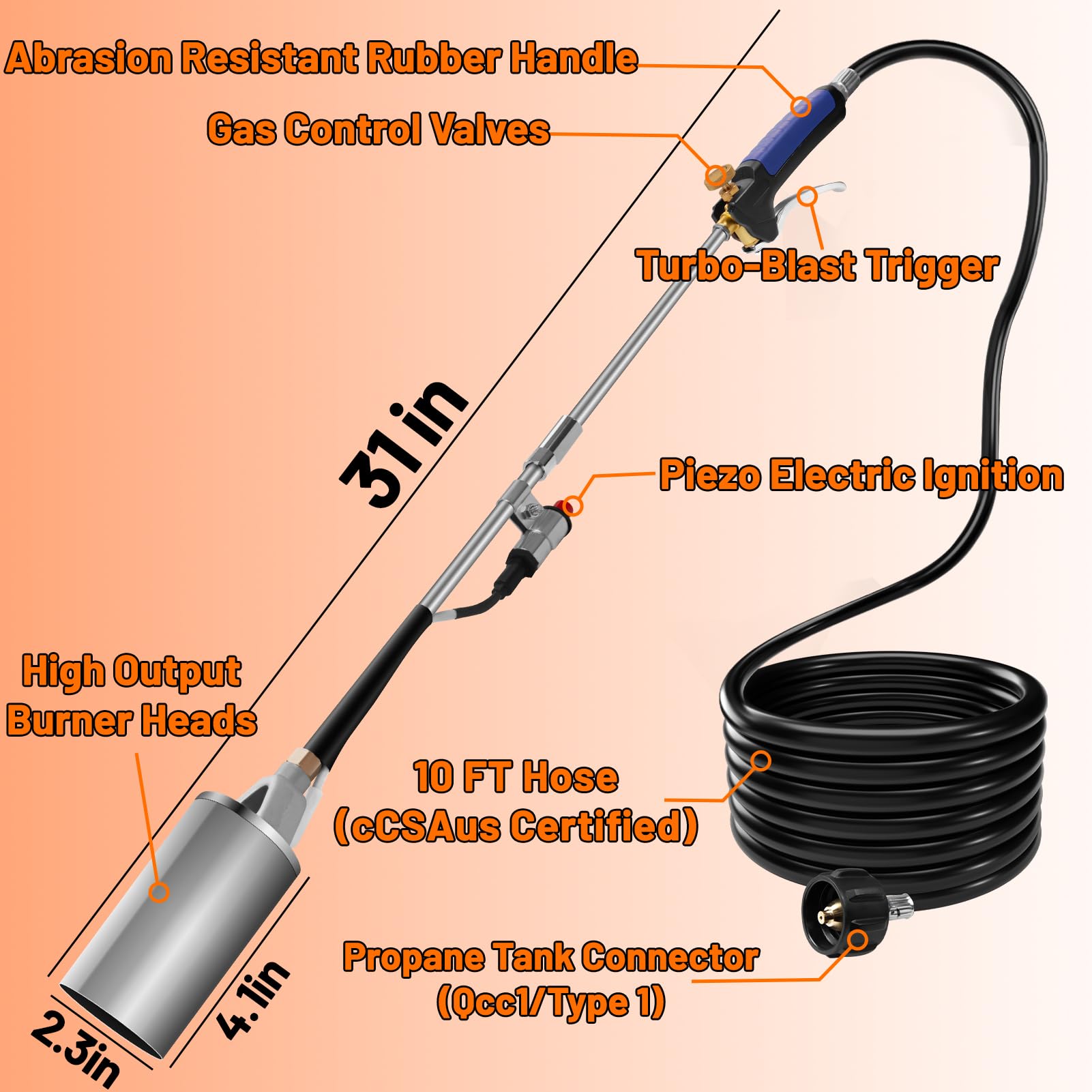 Torcia a propano, kit bruciatore per erbacce, ad alta potenza, con tubo flessibile da 3 m, per diserbo, asfalto del tetto, neve, segnaletica stradale, carbone