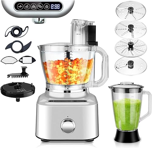 Homtone Procesador de alimentos de 16 tazas, procesadores de alimentos grandes 11 en 1 y combo de licuadora, 5 modos preestablecidos para picar,