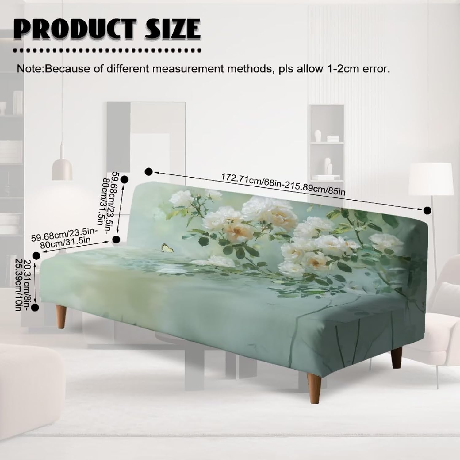 Rose Floral Print Green Stretch Armless Futon Cover Futon Slipcover Anti Slip Sofa Bed Cover Furniture Protector with Elastic Bottom, Machine Washable