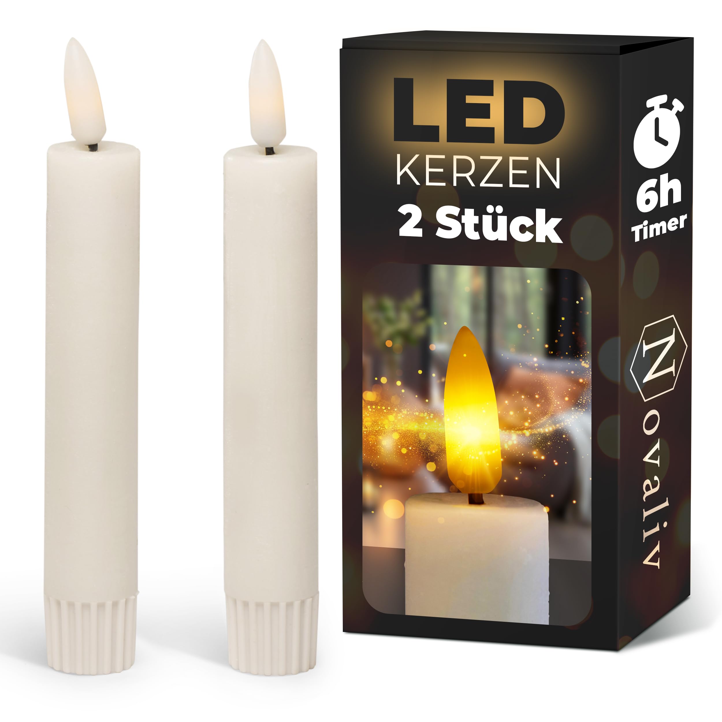 Novaliv LED Stabkerze 2er Indoor mit Timer Funktion - 6 Stunden - Weiß - 12,5cm Höhe für 2,2cm Durchmesser / 2 AAA Batterien notwendig - Stabkerze LED bewegliche Flamme