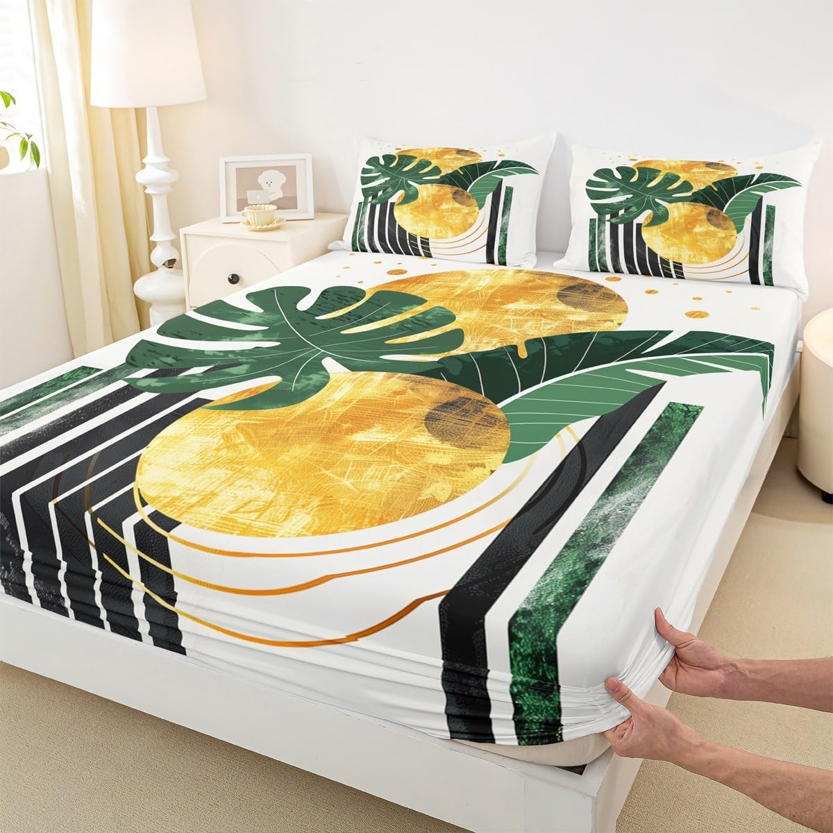 Boho Bed Sheets Mid Century Leaf Fitted Sheet Full Size,Modern Minimalist Room Decor for Adults Women Nature Aesthetic Sheets Abstract Bed Set,Green Yellow