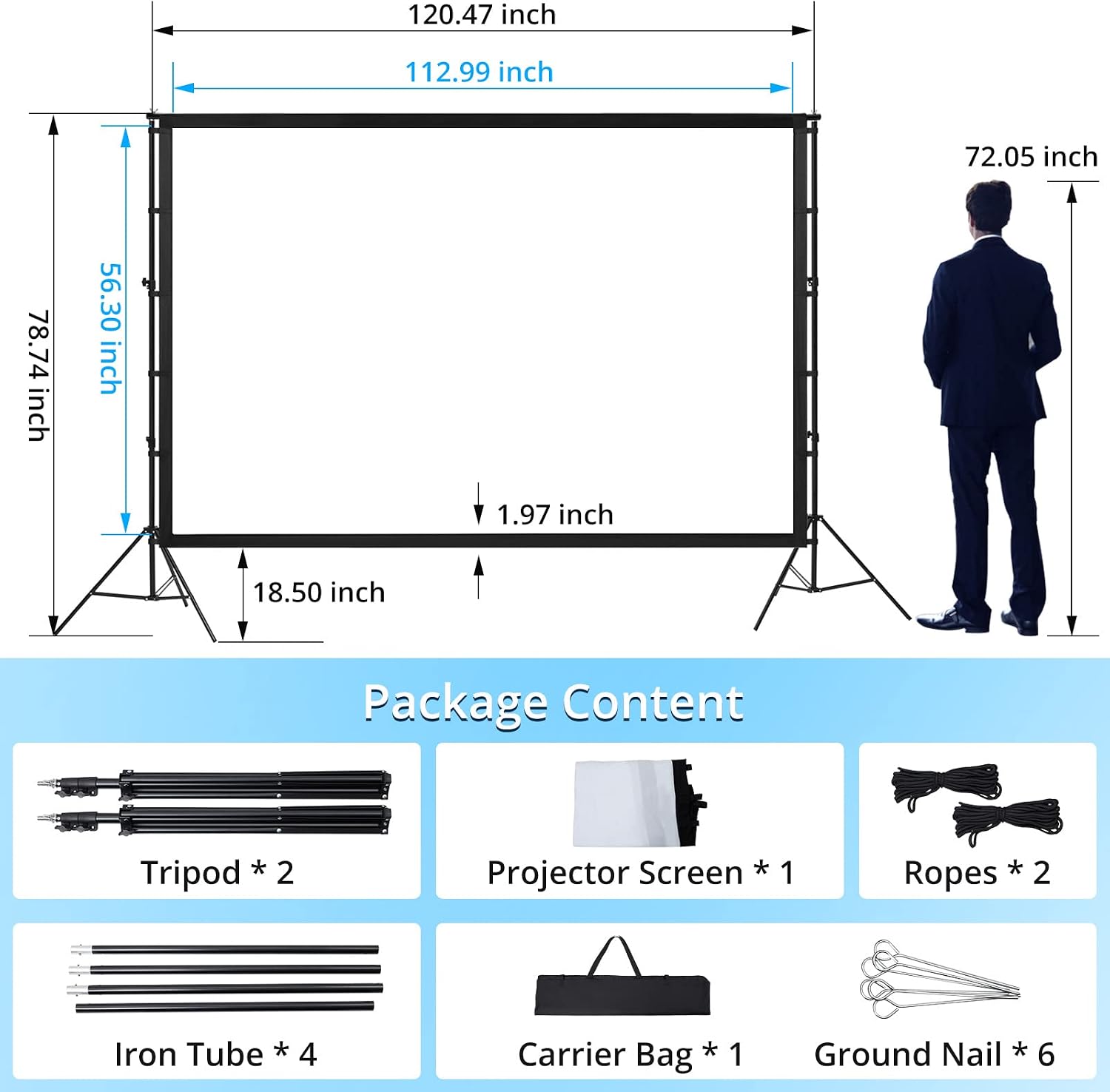 Projector Screen with Stand, 120 inch Portable Projection Screen, 16:9 4K HD Rear & Front Projections Movies Screen with Carry Bag, for Indoor Outdoor Home Theater Backyard Camping