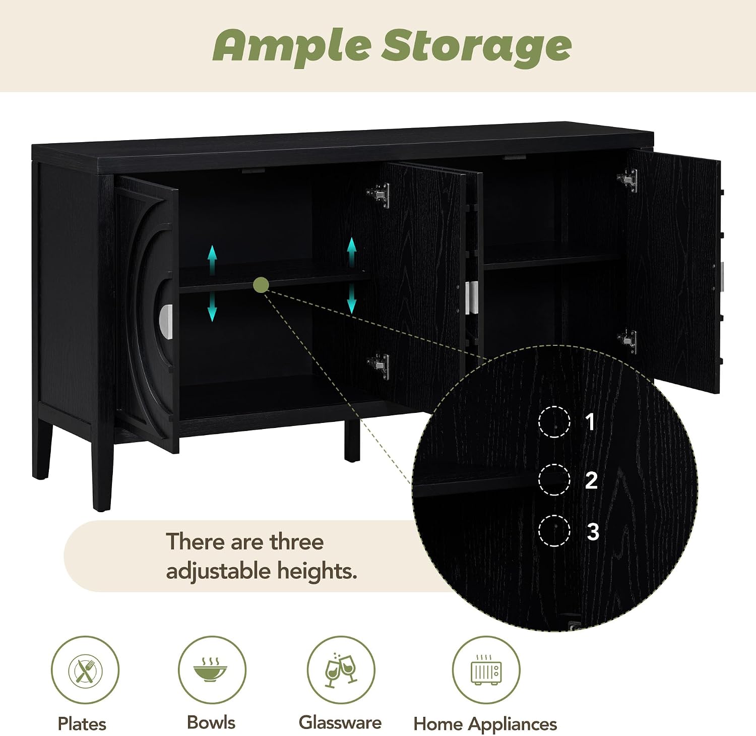 Merax Modern Wood Buffet Sideboard with Metal Door Handle Farmhouse Free Standing Storge Cabinet Console Table for Living Room Dinning Room Hallway Black