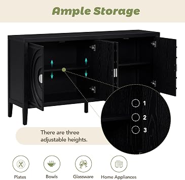 P PURLOVE Retro Accent Sideboard Cabinet with 4 Doors, Freestanding Storage Console Table with Circular Groove Design and Metal Door Handle, Wooden Sideboarddoor for Dining, Hallway (Black)