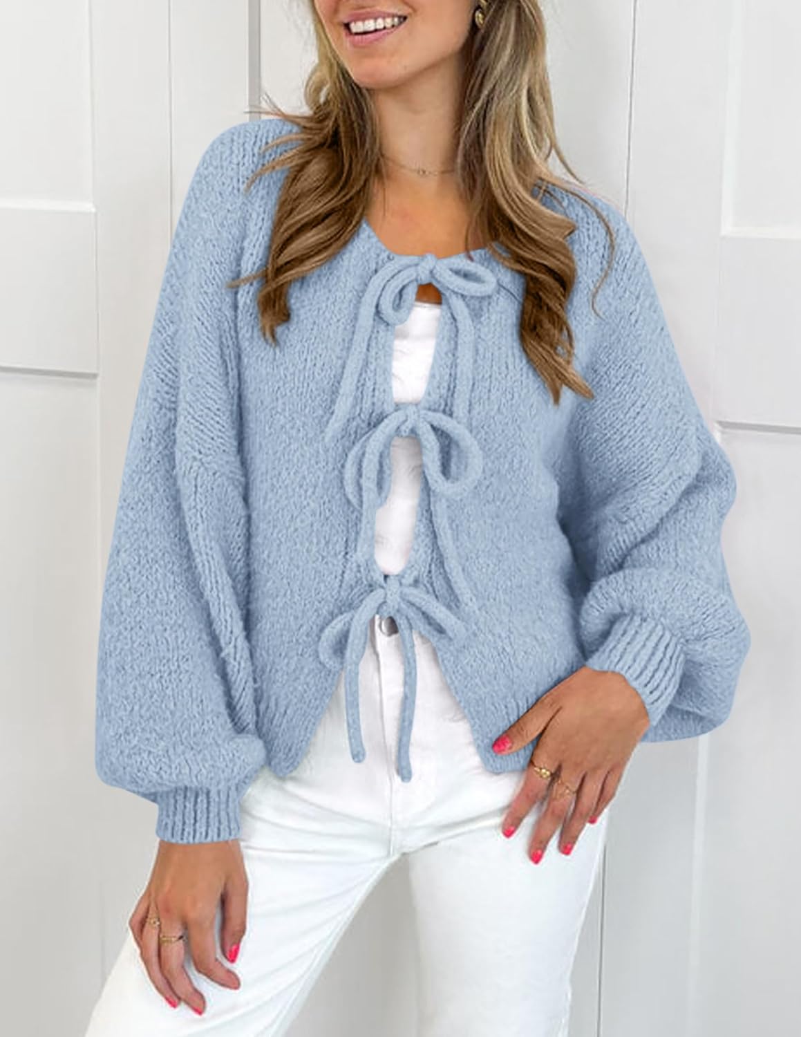 PRETTYGARDEN Women's Tie Front Bow Cardigan Sweaters Chunky Knit Long Puff Sleeve Trendy Fall Winter Jacket Coats - Image 3