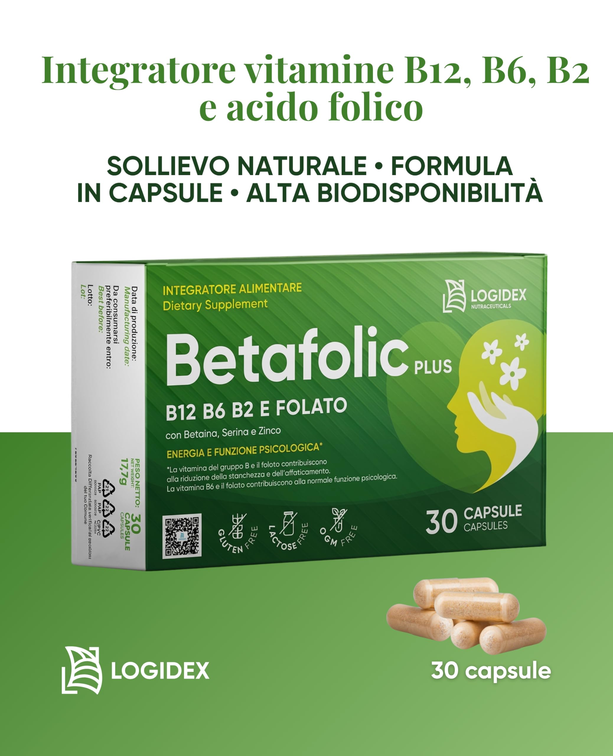 Betafolic Plus - Integratore Energia Fisica e Mentale Vitamina B12, B6 e B2 per Stanchezza e Sistema Nervoso con B-Complex e Acido Folico – 30 Compresse – Made in Italy Logidex
