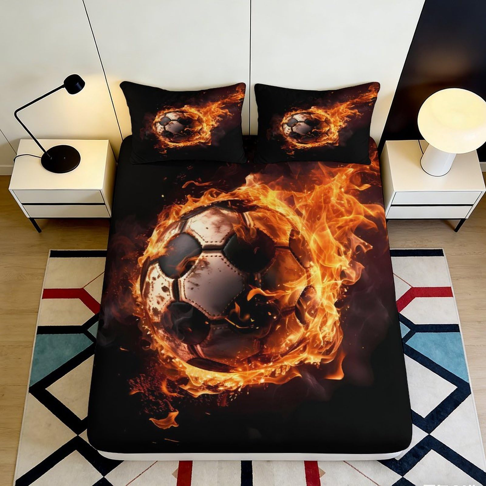 3D Printed Flaming Soccer Ball Fitted Sheet Microfiber Soft Durable Fire Pattern Bed Cover for Bedroom Dormitory Guest Room Mattress Protection 120x200x25cm