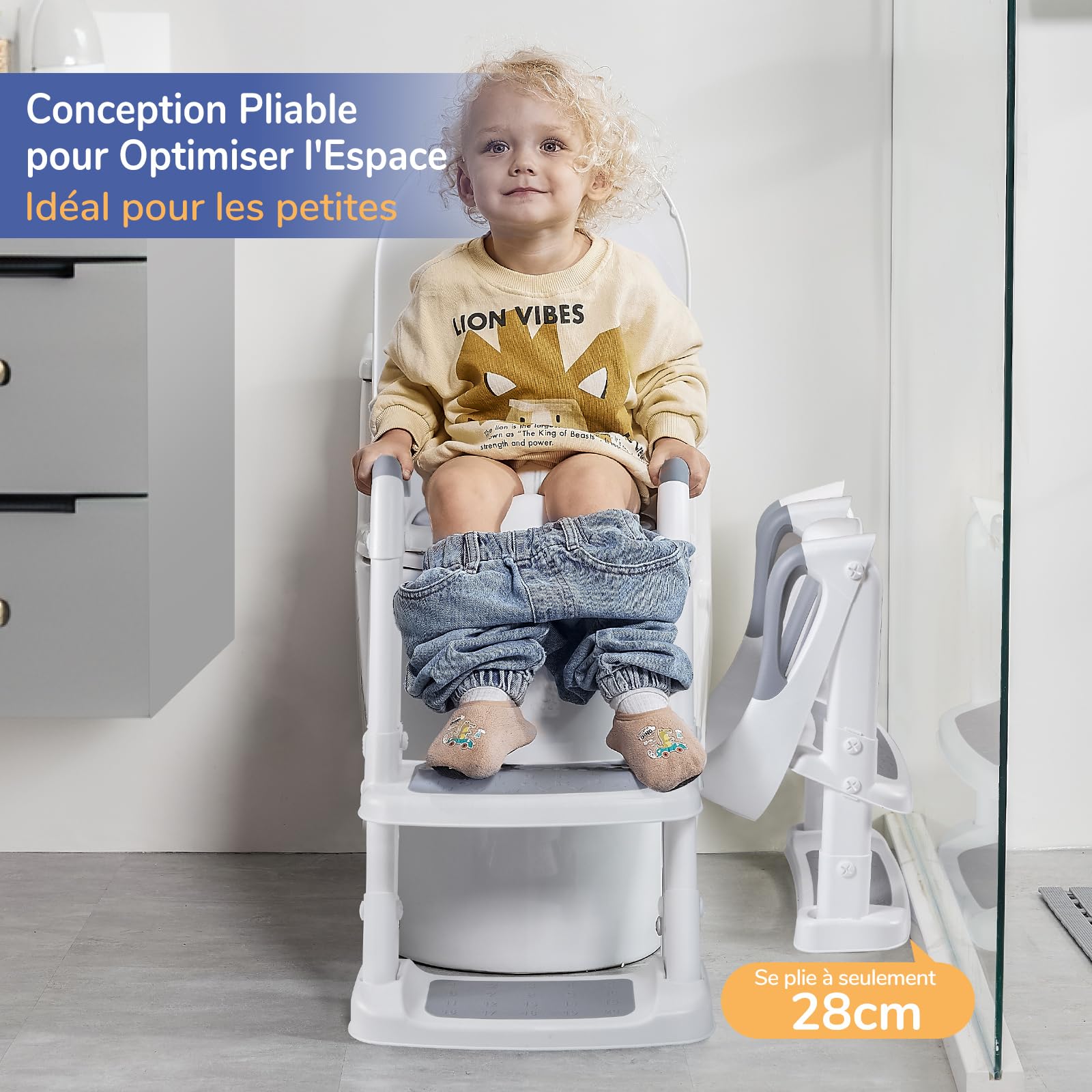 DEANIC Reducteur Toilette Enfant Rehausseur Toilette Enfant avec Marche, Réducteur Toilette Enfant avec PU Coussin Moelleux, Adaptateur Toilette Enfant, Siege Toilette Enfant de 1 à 7 ans (Gris)