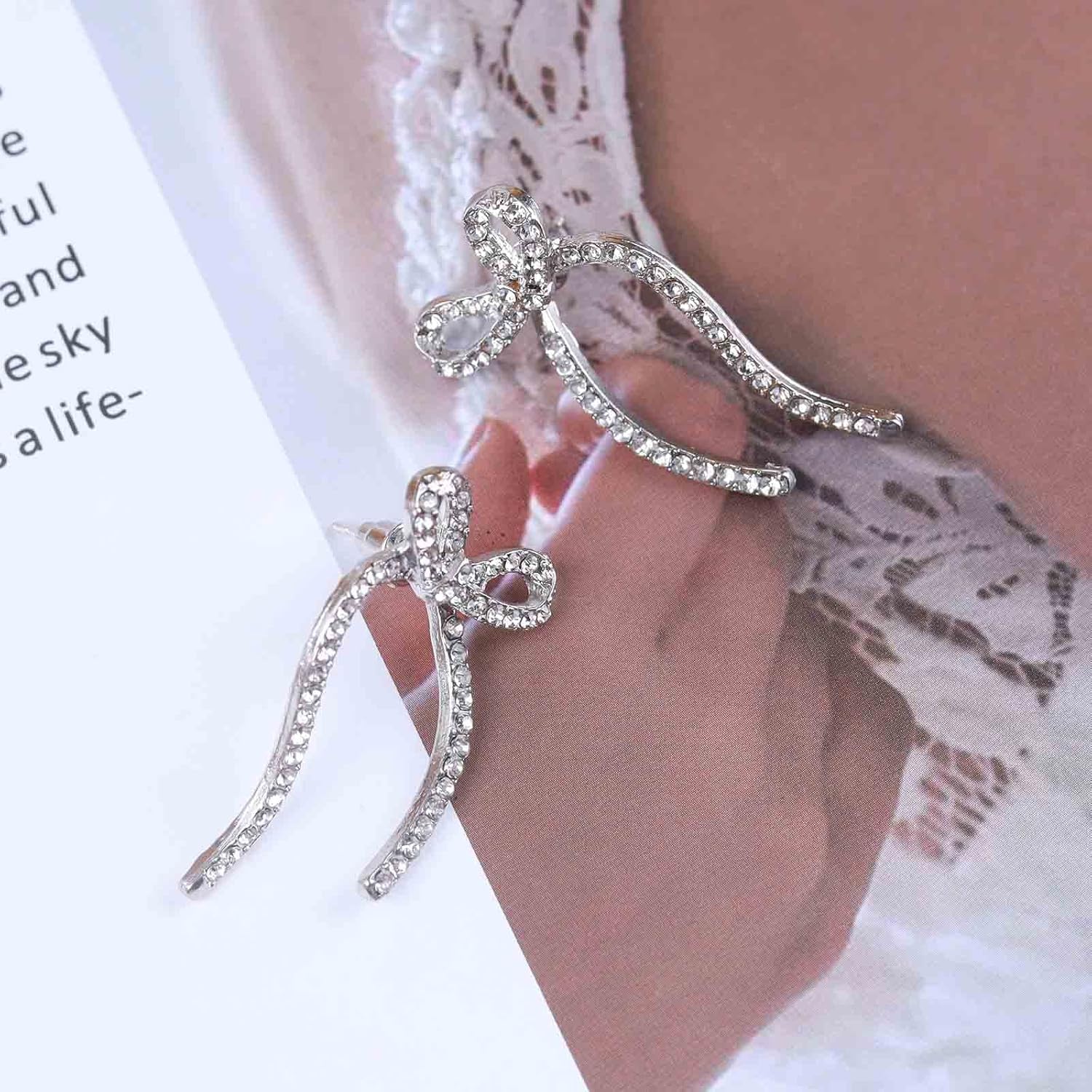 Vintage Crystal Bow Earrings Cz Bow Ear Jacket Earrings Silver Bow Crystal Stud Earrings Rhinestone Bow Knot Earrings Jewelry for Women - Image 7