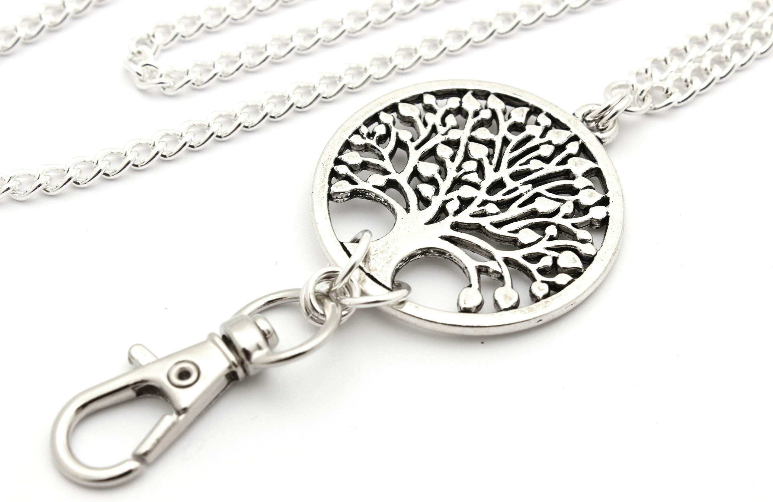 Brenda Elaine Jewelry Silver Plated Women's Fashion Lanyard Necklace ID Badge Holder, 32 Inch w/Tree of Life and Rear Magnetic Break Away Clasp