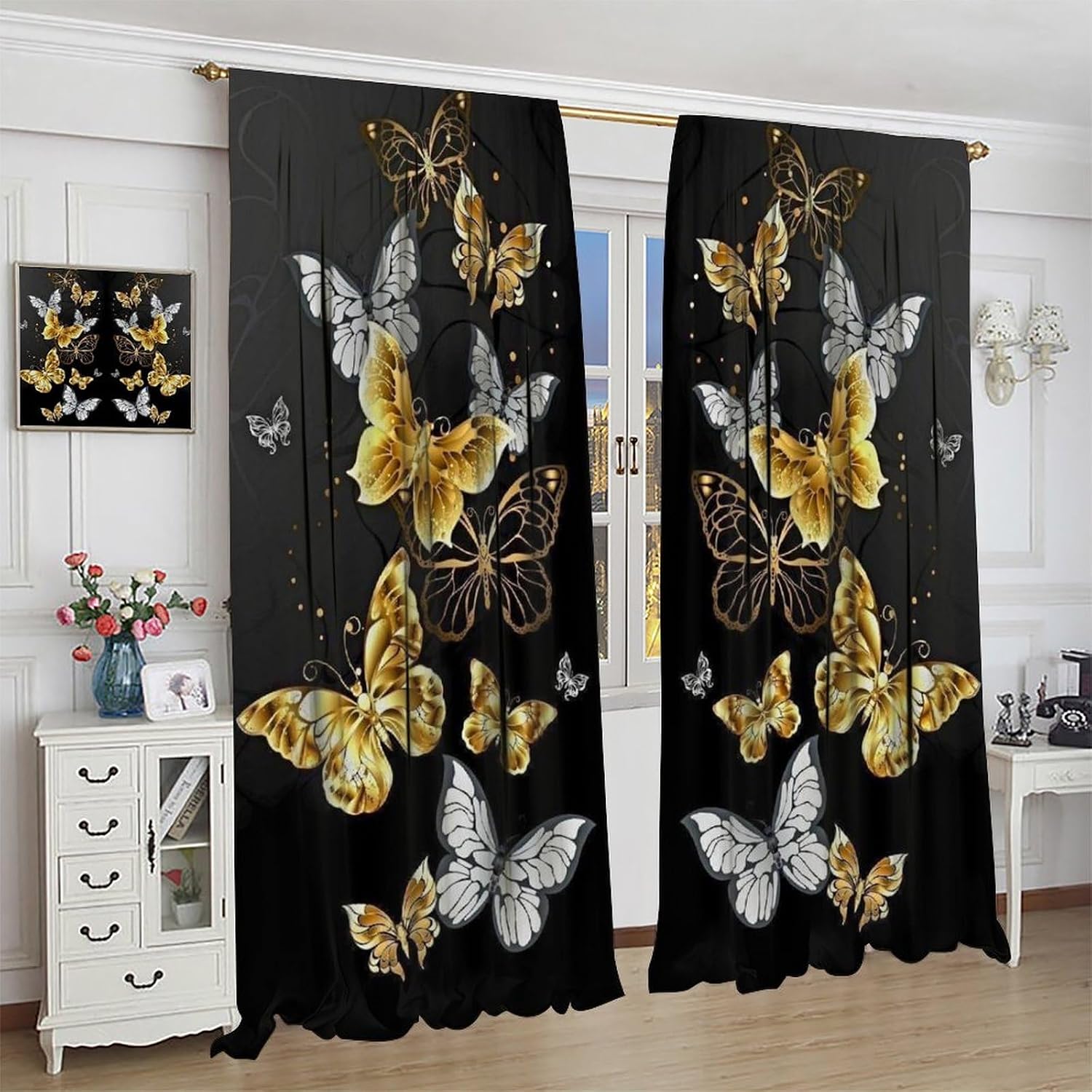 Golden Butterfly Window Curtains, Black Gold Butterflies Rod Pocket Windows Door Curtain for Bedroom Living Room Home Decor 42x45in Decor