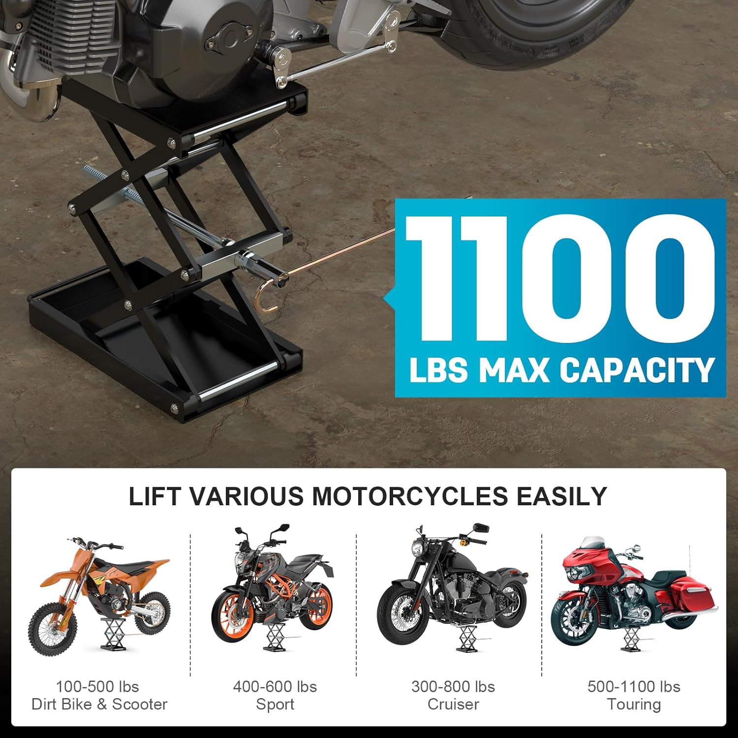 Upgraded Double-Layer Motorcycle Lift Stand with J Crank Handle & Socket, 1100lb Capacity Steel Motorcycle Jack Stand, Scissor Lift with Deepened Rubber Pad & Wide Deck for Cruisers, ATV & Motorcycles