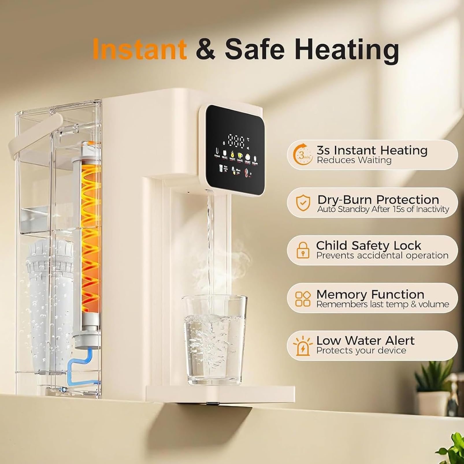 Distributore di acqua calda istantanea, macchina filtrante da tavolo da 3 litri con display touch LED, blocco bambini, 12 impostazioni di temperatura per casa, ufficio, cucina