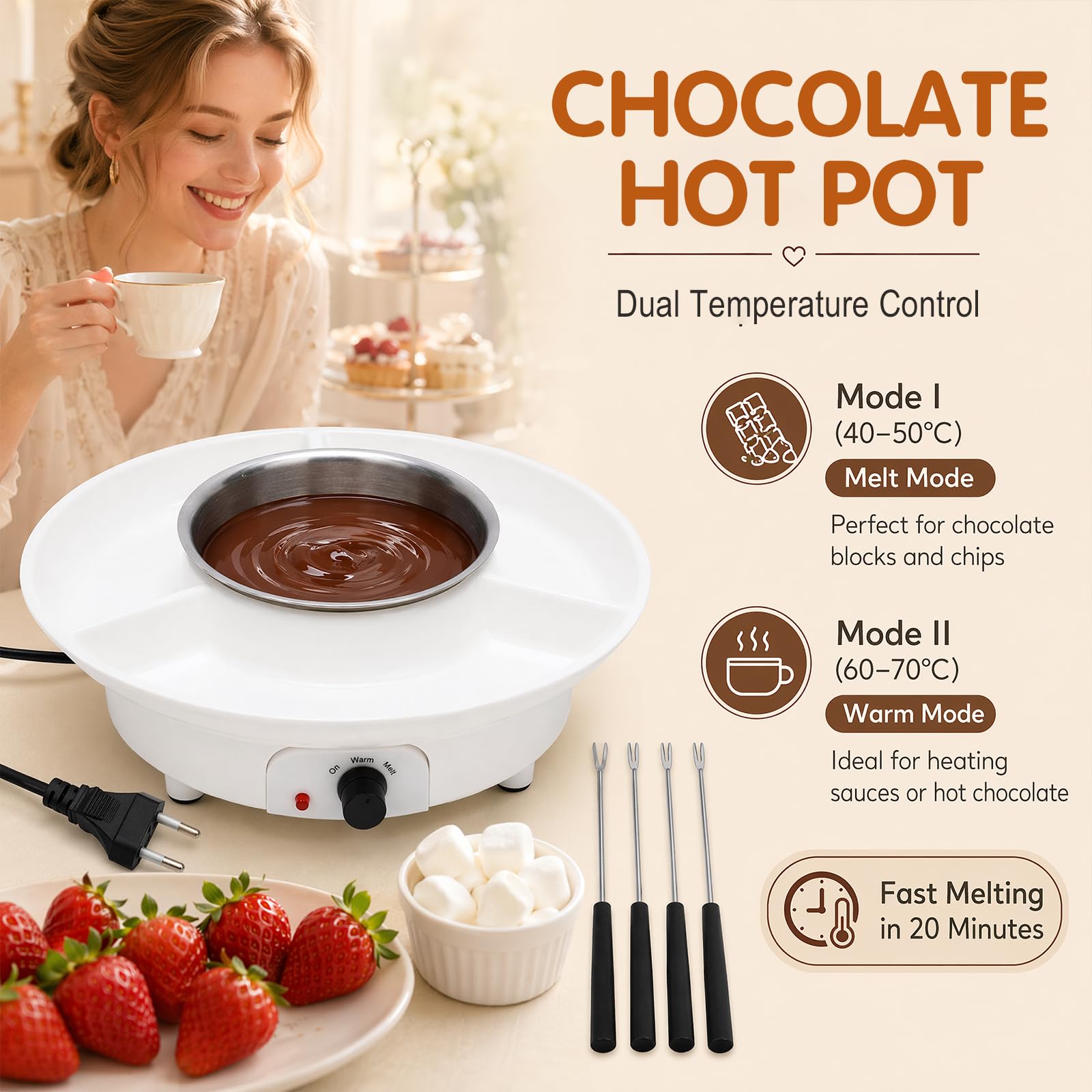 Fondue de chocolate eléctrica con 4 tenedores, atemperador de chocolate y derretir el chocolate, 2 niveles de temperatura, fuente de chocolate para chocolate, fruta, malvavisco (blanco)