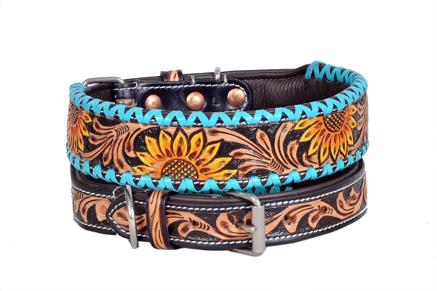 Affilare Leather Dog Collar Western Style Heavy Duty Sunflower Tooled Floral Padded for Puppies and Big Dogs 10IS105-S