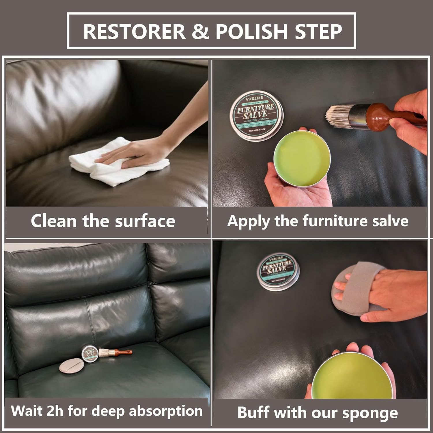 Professional Furniture Salve Kit for Leather and Wood,Polisher, Moisturizer, and Restorer for Couches - Conditioner for Leather, Wood, and Vinyl - Repair Salve with Brush and Sponge