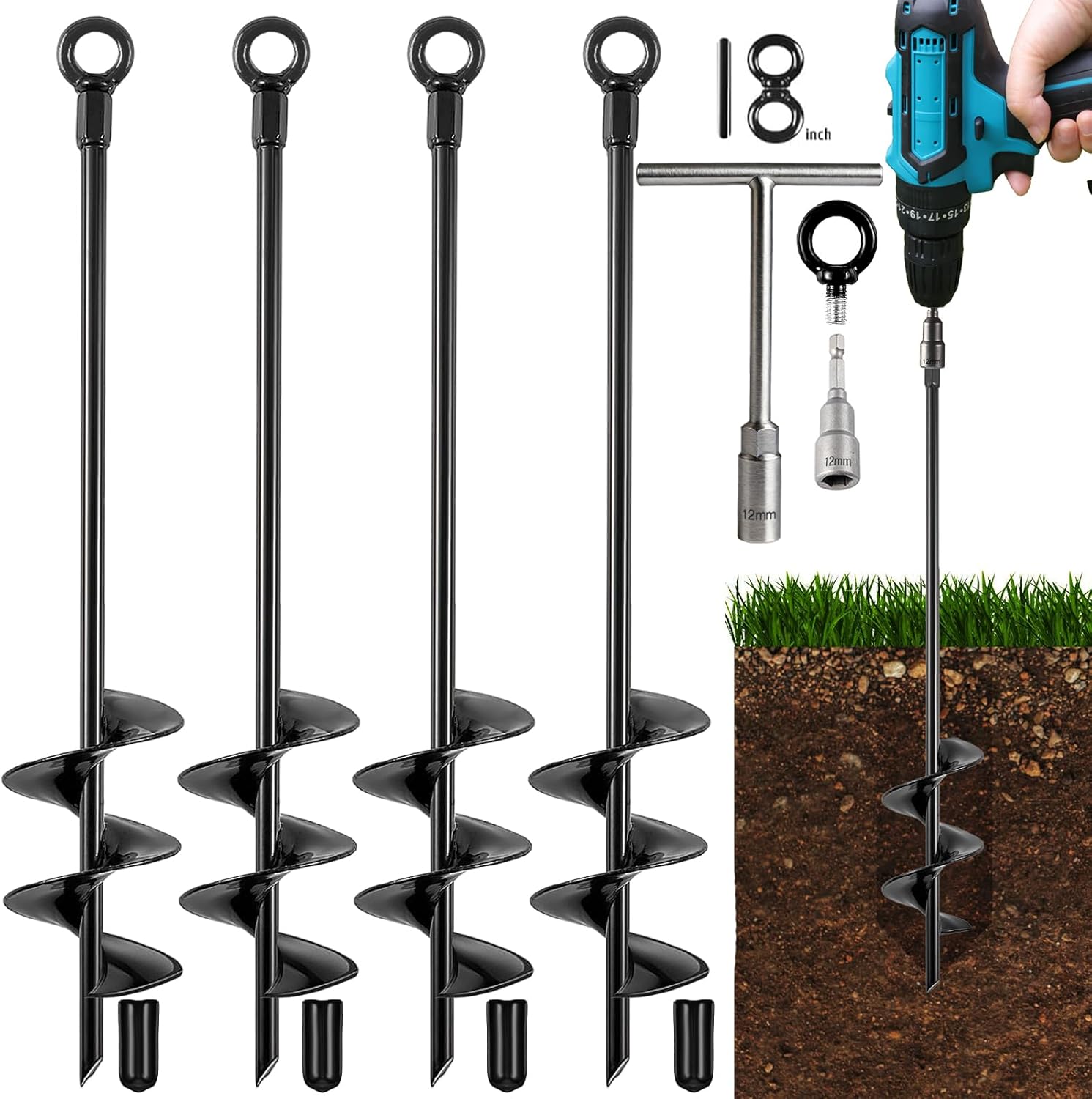 Fabulas Heavy Duty 18 Inch Ground Anchors 4-Pack - Screw-in Earth Anchors for Swing Sets, Trampolines, Tents, Sheds & High Wind Security
