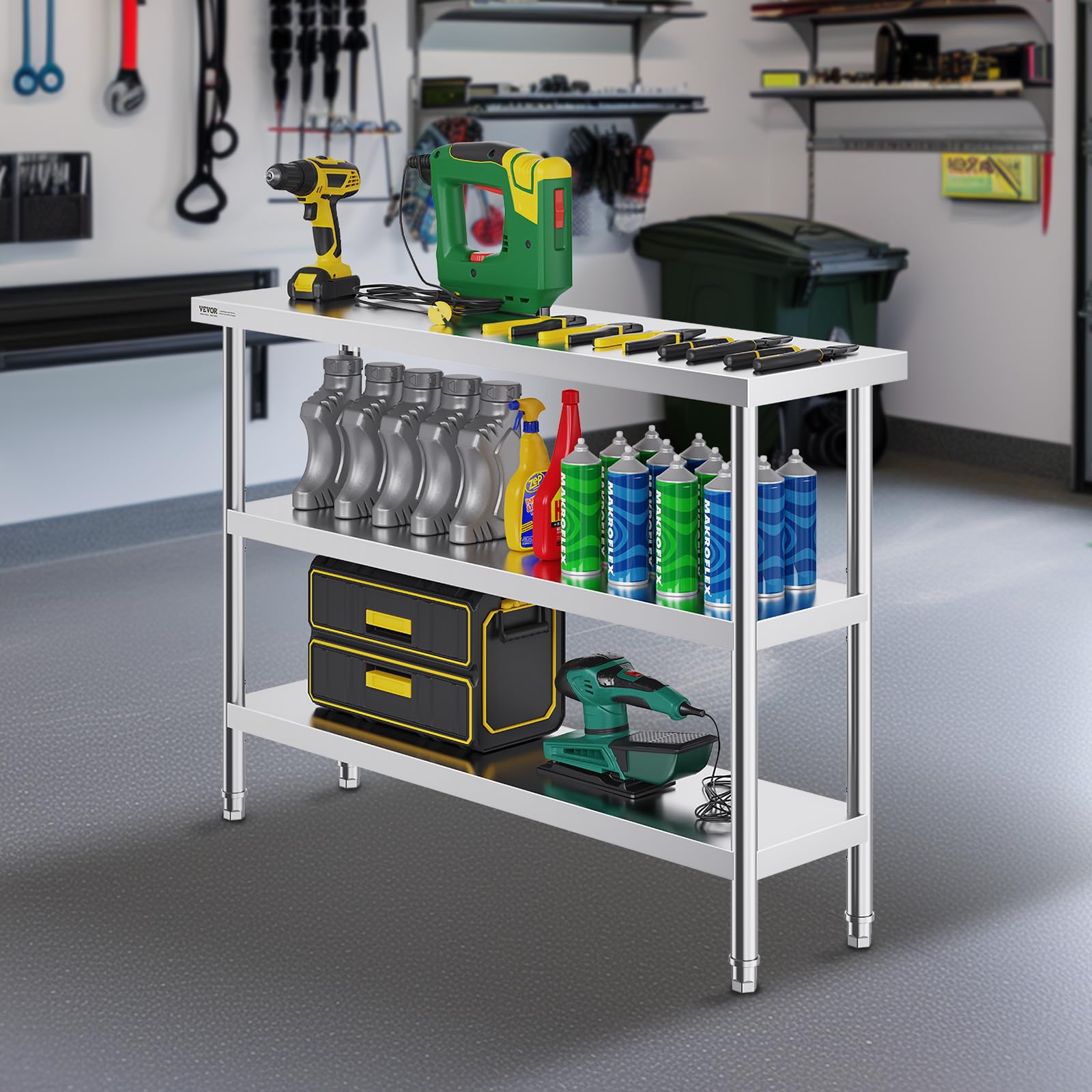 VEVOR Mesa de Preparación de Alimentos 356x1219x864 mm de Acero Inoxidable Con 2 Estantes Inferiores Ajustables para Parrilla, Cocina, Hogar