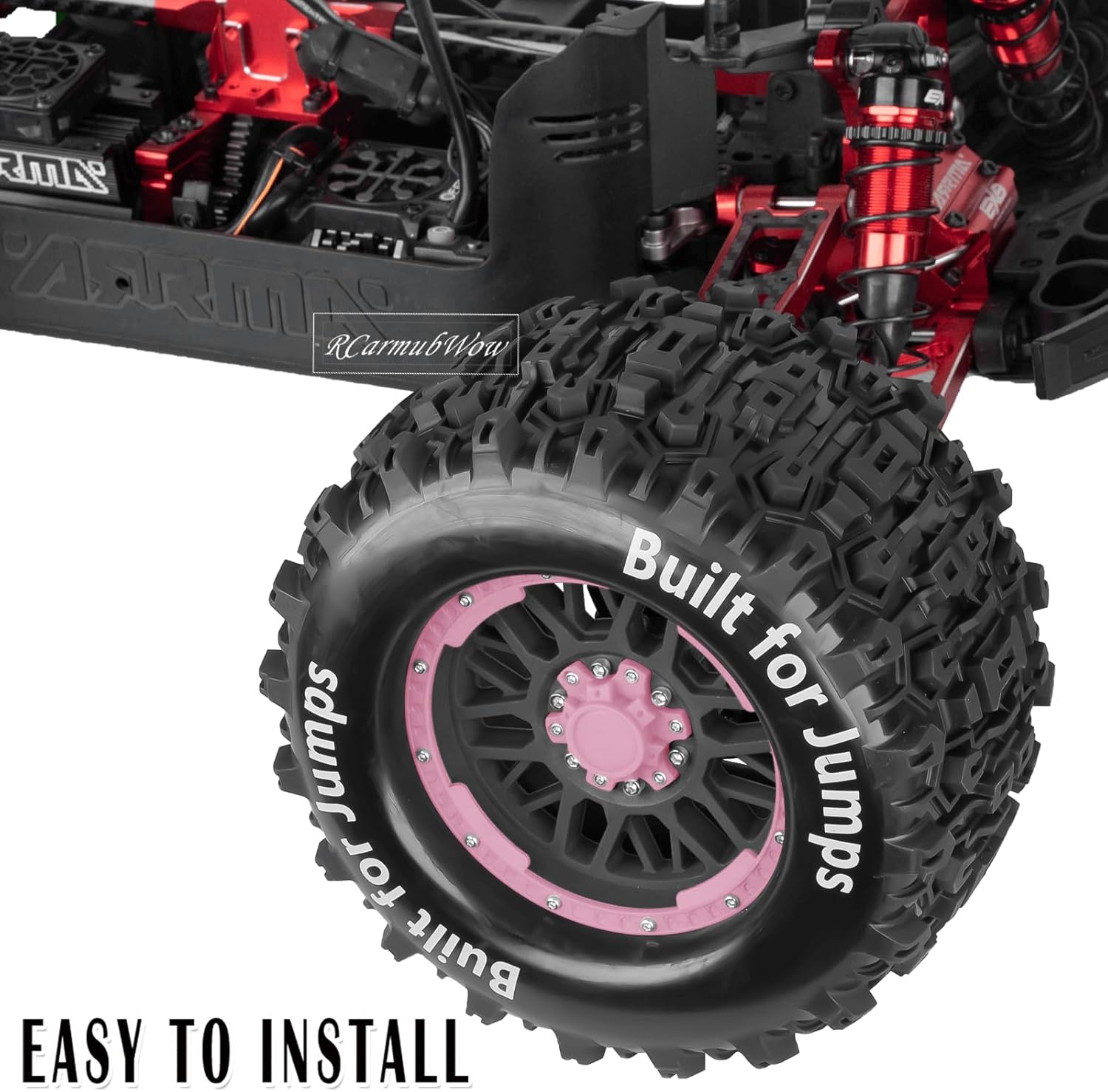 1/8 1/10 17mm Hex RC Truck Tires,Wheels and Tires for 1/10 E-Revo T-Maxx Summit Kraton Outcast Monster Truck,Buggy Rubber Tyres and Rims w/Foam Insert for RC Off-Road Car,Black-Pink