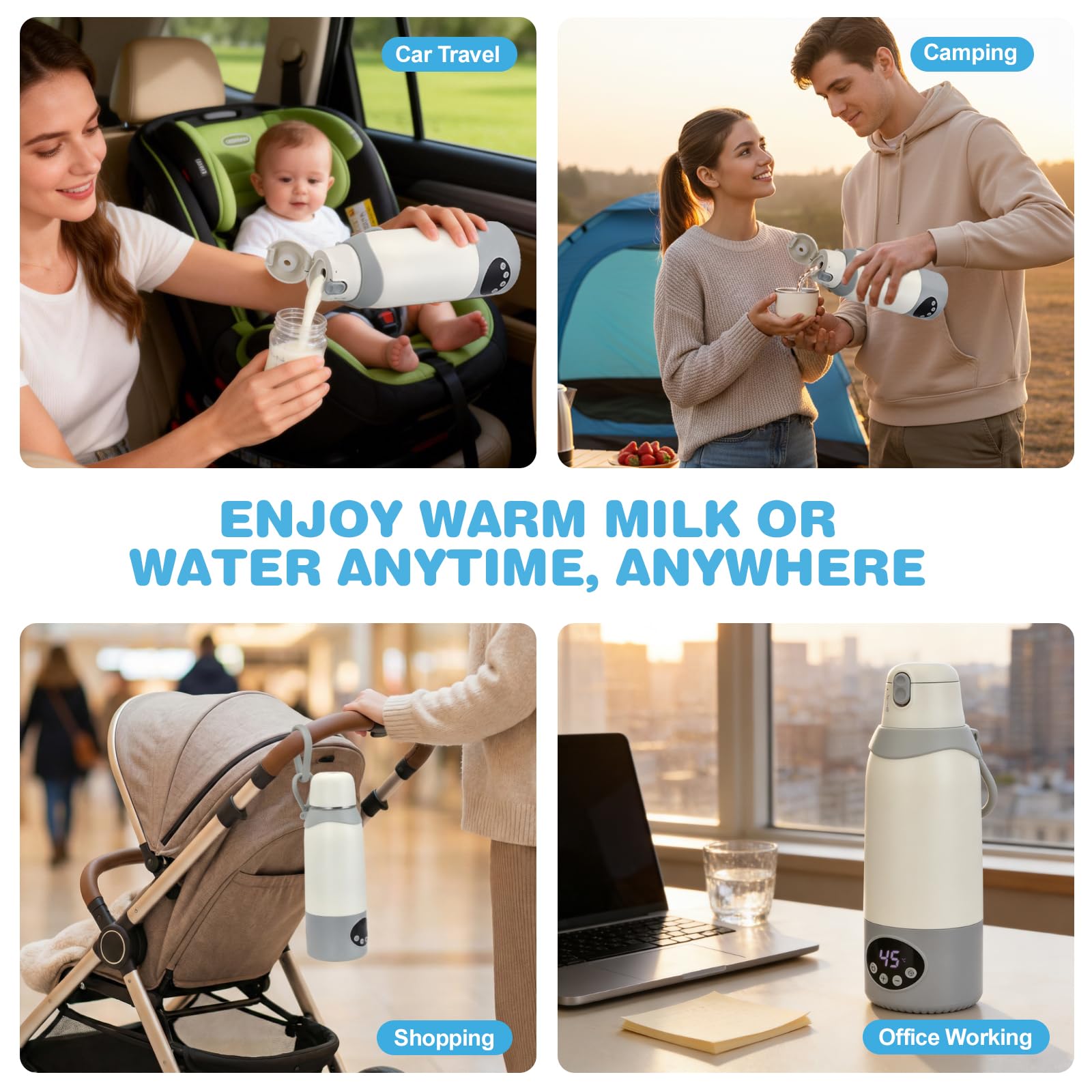 Tragbarer Flaschenwärmer Baby 500ml,22 Stufen,12000mAh Akku,316 Edelstahl | 37–55°C Präzise Temperaturkontrolle, USB-C, Pasteurisierung, 18h Warmhalten und auslaufsicheres Doppel-Deckel-Design
