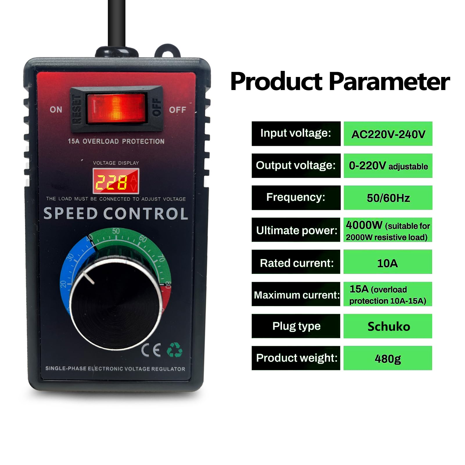 Regolatore Velocita Ventilatore,220V Regolatore di Tensione Temperatura Motore Fan Speed Controller Regolatore di Velocità del Motore Dimmer 10A Per Mediante Smerigliatrice Angolare