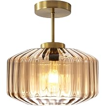 Amber Glass Flush Mount Ceiling Light Fixture, 11.02 Inch Modern Dome Light with Warm Gold Finish for Bedroom, Kitchen, Textured Glass Shade, Easy to Install, 1-Light E26 Socket