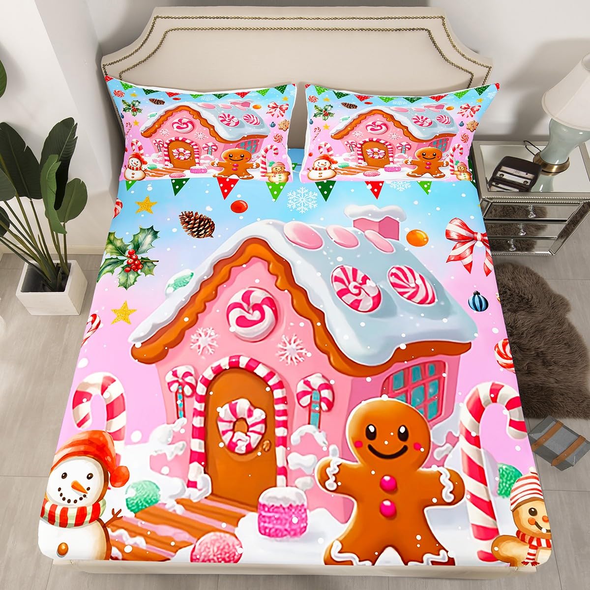 Xmas Gingerbread Man Fitted Sheet Queen 3 Pcs Winter Cute Candy House Watercolor Soft Microfiber Sheets Breathable Bedding