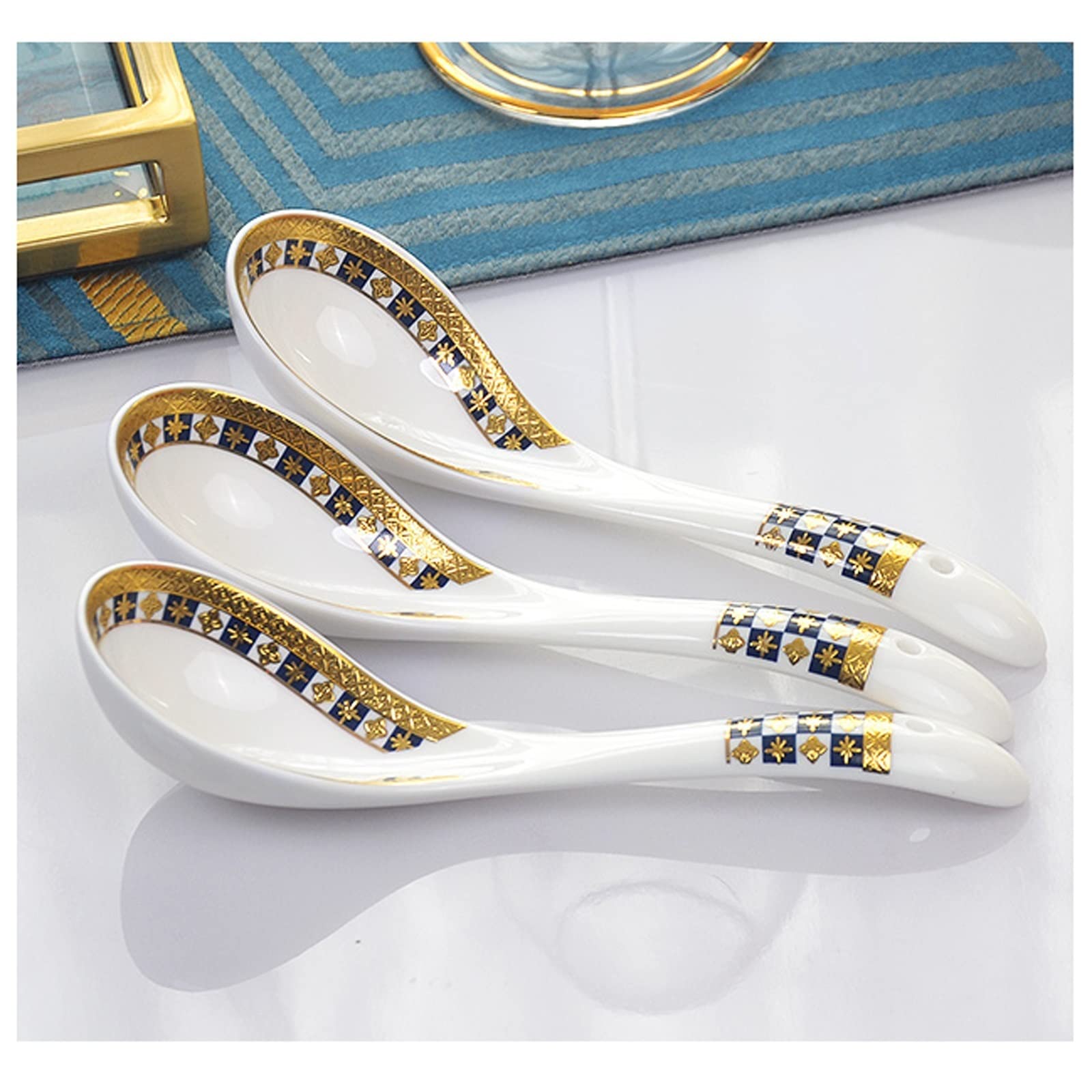 Cucharas de Postre Cucharas de Postre Cuchara de Sopa asiática 3 Piezas Cuchara de Sopa China Tangshan Porcelana Estilo Europeo Relieve Oro Hueso China Vajilla Cucharillas Cafe(A)