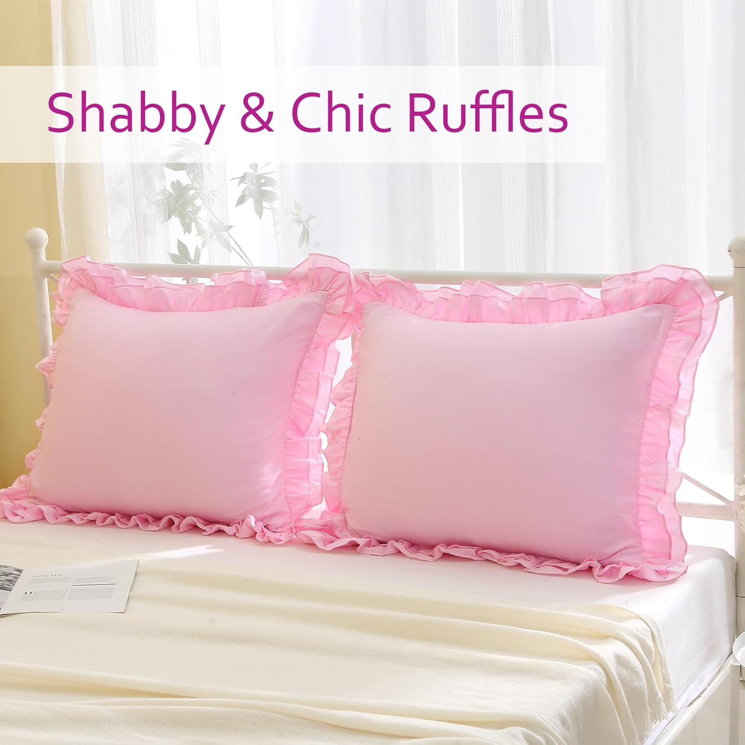 2 Pack Girls Pink Ruffle Pillow Shams Standard Size 20x26 inches, 100% Cotton French Country Rustic Vintage Decorative Bed Pillow Shams Gift for Her(Pink,20x26 inches)