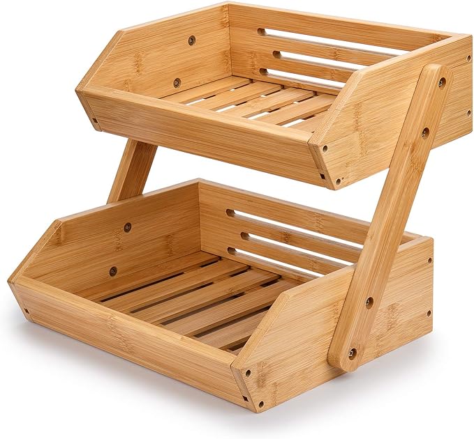 Large Bamboo Fruit Basket, 2-Tier Fruit Bowl for Kitchen Counter