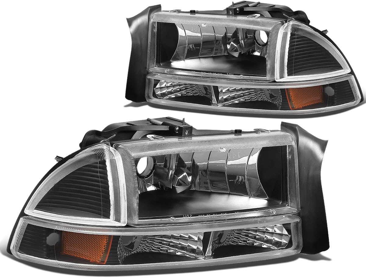 DNA MOTORING Pair Headlights Compatible with 97-04 Dodge Dakota / 98-03 Durango, Driver & Passenger Side, Black/Amber, HL-OH-DD974P-BK-AM