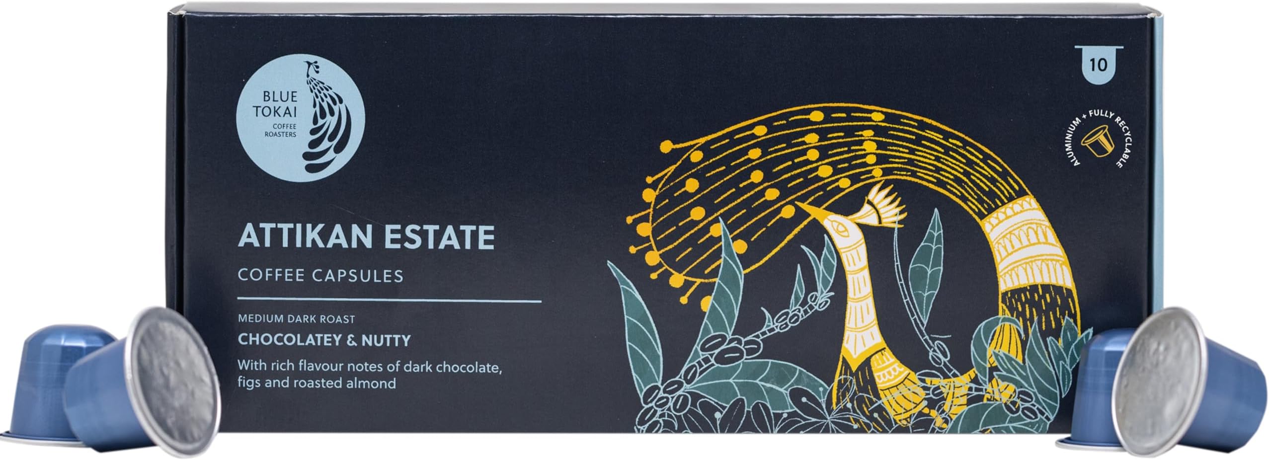 Blue Tokai Coffee Roasters Aluminium Capsules| Attikan Estate - Medium Dark Roast | 100% Arabica | Speciality Coffee| Nespresso Compatible Coffee Pods | 10 Pods In Pack