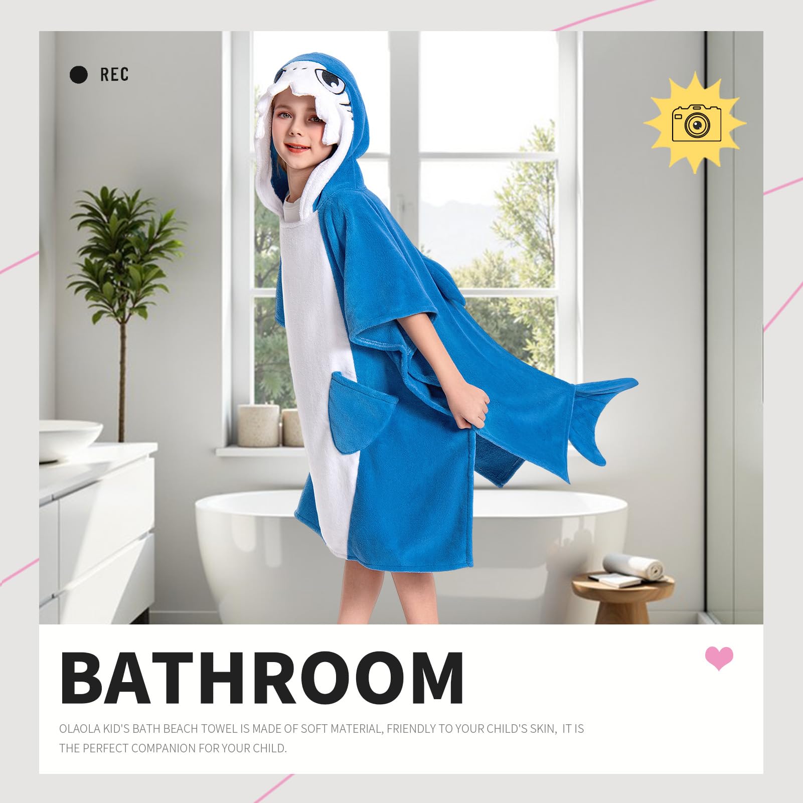 OLAOLA Kids Poncho Towel Hooded Beach Changing Robe Children Absorbent Bath Towels Swimming Wrap for Boys Girls 3-12 Years, Shark - Image 2