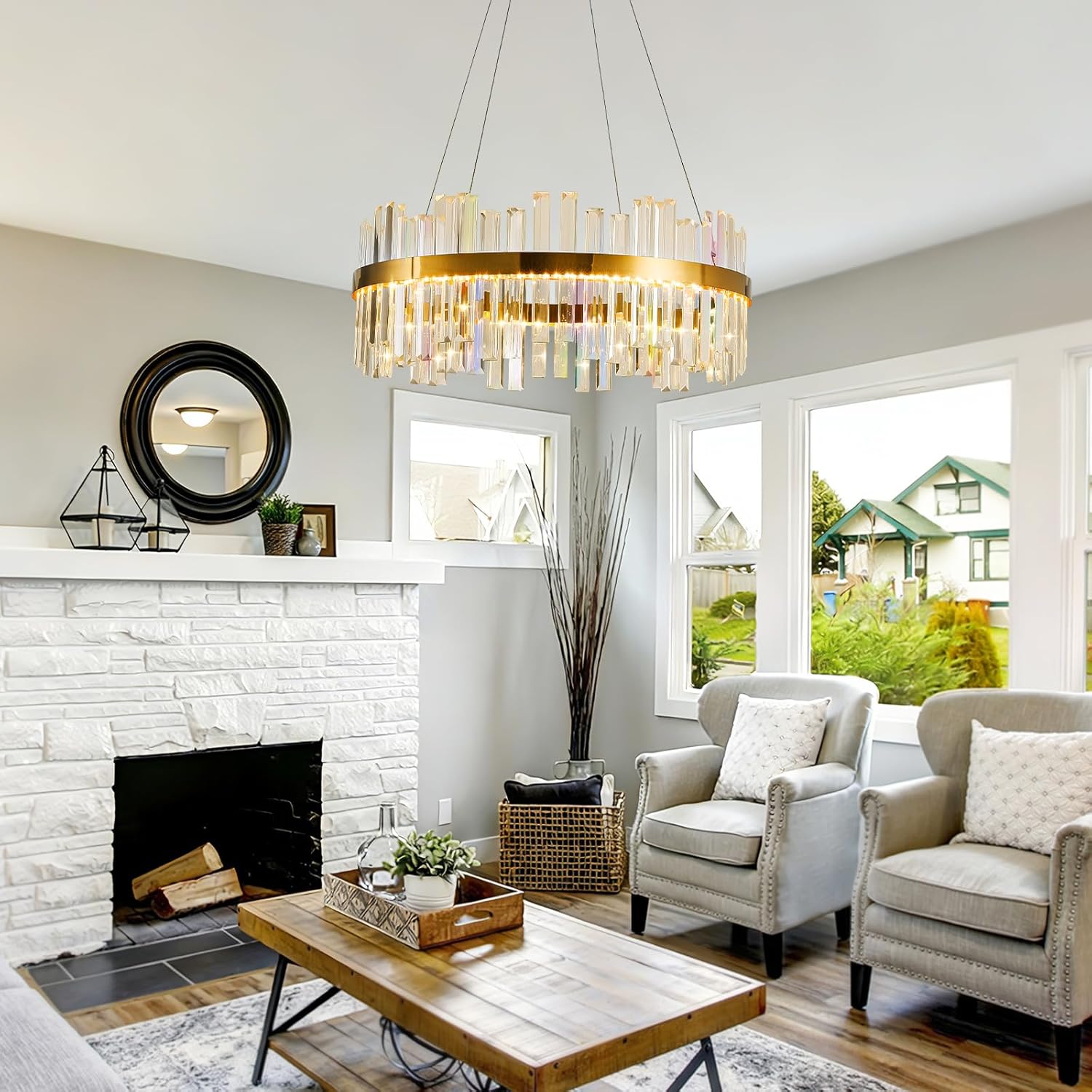 24'' Modern Gold Crystal Chandelier - K9 Crystal LED Dimmable Chandeliers With Remote Control for Dining Room - Luxury Brass Adjustable Pendant Ceiling Light Fixture For Living Room Bedroom Entryway