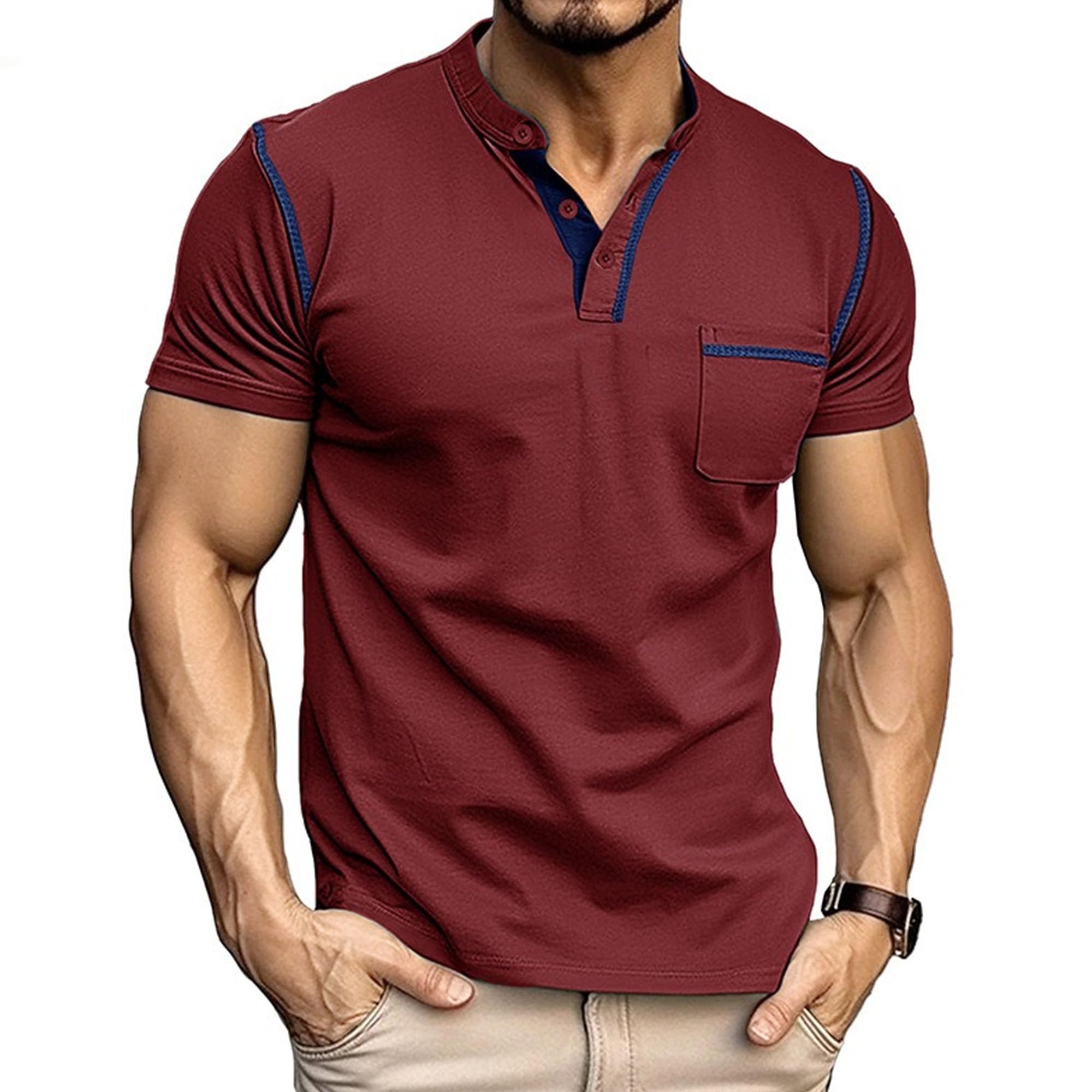 Men Quarter Button Henry Shirts Front Pocket T Shirt for Casual Daily Wear Summer Classic Comfy Pullover Tops (Wine Red,Small)