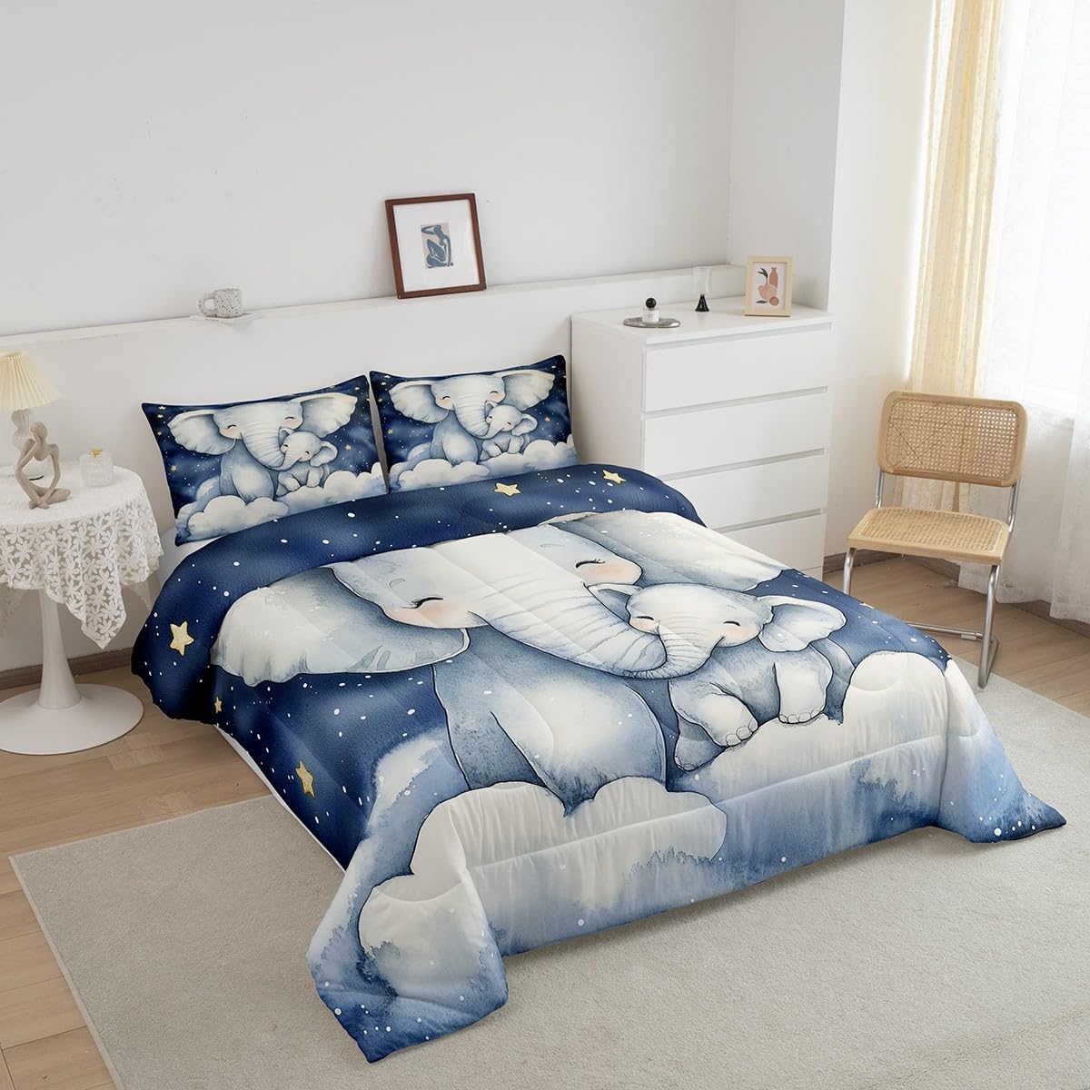 Feelyou Elephant Comforter Set Queen Size Animal Theme Comforter Cartoon Elephant Bedding Set Sky Blue Duvet Set Room Decor Small Animall Quilt Set