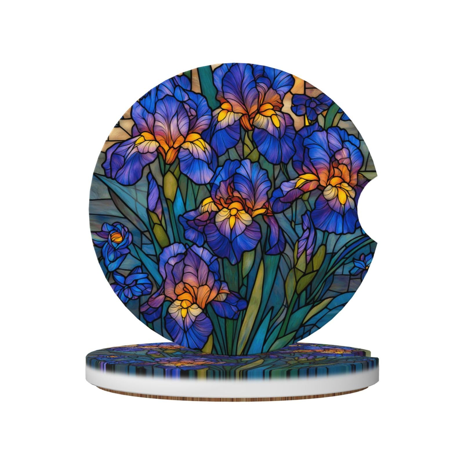 Stained Glass Large Bouquet of Irises Ceramic Coasters,2pcs