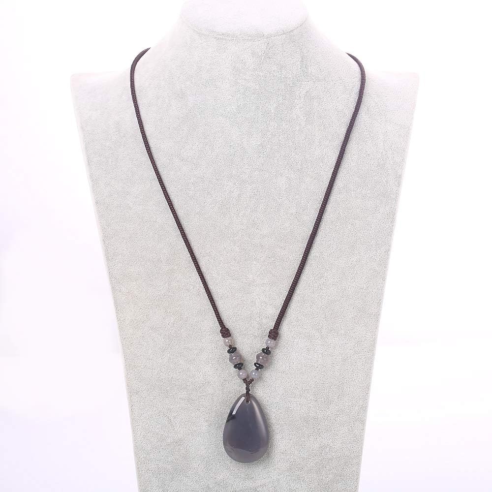 Grey Agate Pendant Necklace Ethnic Women Long Chain Engagement Luxury Ornaments Power Water Drop Bijuterias Rope Chain